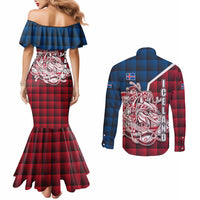 Iceland Crest Couples Matching Mermaid Dress and Long Sleeve Button Shirt with Viking Dragon and Icelandic Flag Plaid Pattern - Wonder Print Shop