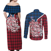 Iceland Crest Couples Matching Off Shoulder Maxi Dress and Long Sleeve Button Shirt with Viking Dragon and Icelandic Flag Plaid Pattern - Wonder Print Shop