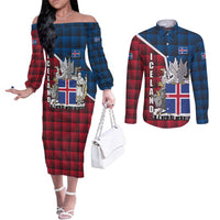 Iceland Crest Couples Matching Off The Shoulder Long Sleeve Dress and Long Sleeve Button Shirt with Viking Dragon and Icelandic Flag Plaid Pattern - Wonder Print Shop