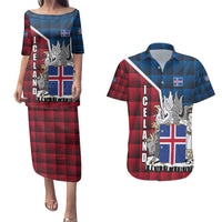 Iceland Crest Couples Matching Puletasi and Hawaiian Shirt with Viking Dragon and Icelandic Flag Plaid Pattern - Wonder Print Shop