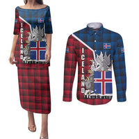 Iceland Crest Couples Matching Puletasi and Long Sleeve Button Shirt with Viking Dragon and Icelandic Flag Plaid Pattern - Wonder Print Shop