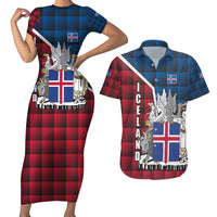 Iceland Crest Couples Matching Short Sleeve Bodycon Dress and Hawaiian Shirt with Viking Dragon and Icelandic Flag Plaid Pattern - Wonder Print Shop