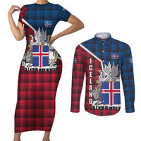 Iceland Crest Couples Matching Short Sleeve Bodycon Dress and Long Sleeve Button Shirt with Viking Dragon and Icelandic Flag Plaid Pattern - Wonder Print Shop
