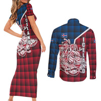 Iceland Crest Couples Matching Short Sleeve Bodycon Dress and Long Sleeve Button Shirt with Viking Dragon and Icelandic Flag Plaid Pattern - Wonder Print Shop