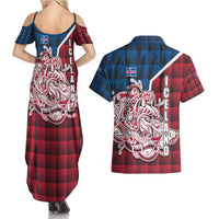 Iceland Crest Couples Matching Summer Maxi Dress and Hawaiian Shirt with Viking Dragon and Icelandic Flag Plaid Pattern - Wonder Print Shop