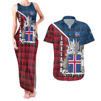 Iceland Crest Couples Matching Tank Maxi Dress and Hawaiian Shirt with Viking Dragon and Icelandic Flag Plaid Pattern - Wonder Print Shop