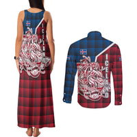 Iceland Crest Couples Matching Tank Maxi Dress and Long Sleeve Button Shirt with Viking Dragon and Icelandic Flag Plaid Pattern - Wonder Print Shop