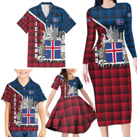 Iceland Crest Family Matching Long Sleeve Bodycon Dress and Hawaiian Shirt with Viking Dragon and Icelandic Flag Plaid Pattern - Wonder Print Shop