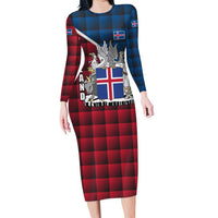 Iceland Crest Family Matching Long Sleeve Bodycon Dress and Hawaiian Shirt with Viking Dragon and Icelandic Flag Plaid Pattern - Wonder Print Shop