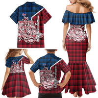 Iceland Crest Family Matching Mermaid Dress and Hawaiian Shirt with Viking Dragon and Icelandic Flag Plaid Pattern - Wonder Print Shop