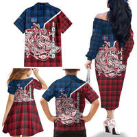 Iceland Crest Family Matching Off The Shoulder Long Sleeve Dress and Hawaiian Shirt with Viking Dragon and Icelandic Flag Plaid Pattern - Wonder Print Shop
