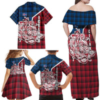 Iceland Crest Family Matching Off Shoulder Maxi Dress and Hawaiian Shirt with Viking Dragon and Icelandic Flag Plaid Pattern - Wonder Print Shop