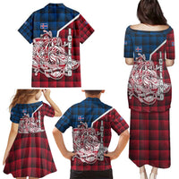 Iceland Crest Family Matching Puletasi and Hawaiian Shirt with Viking Dragon and Icelandic Flag Plaid Pattern - Wonder Print Shop