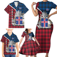 Iceland Crest Family Matching Short Sleeve Bodycon Dress and Hawaiian Shirt with Viking Dragon and Icelandic Flag Plaid Pattern - Wonder Print Shop