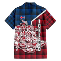 Iceland Crest Family Matching Short Sleeve Bodycon Dress and Hawaiian Shirt with Viking Dragon and Icelandic Flag Plaid Pattern - Wonder Print Shop