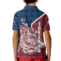 Iceland Crest Kid Polo Shirt with Viking Dragon and Icelandic Flag Plaid Pattern - Wonder Print Shop