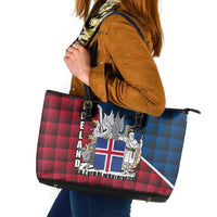 Iceland Crest Leather Tote Bag with Viking Dragon and Icelandic Flag Plaid Pattern - Wonder Print Shop