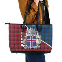 Iceland Crest Leather Tote Bag with Viking Dragon and Icelandic Flag Plaid Pattern - Wonder Print Shop