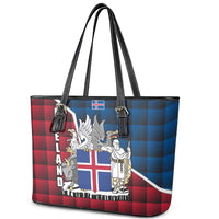 Iceland Crest Leather Tote Bag with Viking Dragon and Icelandic Flag Plaid Pattern - Wonder Print Shop