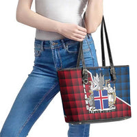 Iceland Crest Leather Tote Bag with Viking Dragon and Icelandic Flag Plaid Pattern - Wonder Print Shop