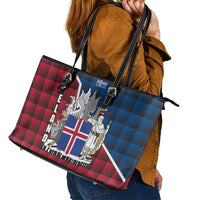 Iceland Crest Leather Tote Bag with Viking Dragon and Icelandic Flag Plaid Pattern - Wonder Print Shop
