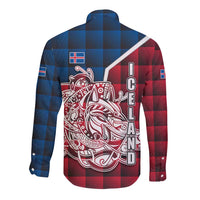 Iceland Crest Long Sleeve Button Shirt with Viking Dragon and Icelandic Flag Plaid Pattern - Wonder Print Shop