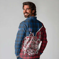 Iceland Crest Long Sleeve Polo Shirt with Viking Dragon and Icelandic Flag Plaid Pattern - Wonder Print Shop