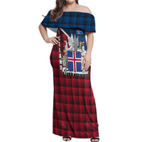 Iceland Crest Off Shoulder Maxi Dress with Viking Dragon and Icelandic Flag Plaid Pattern - Wonder Print Shop