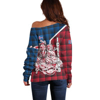 Iceland Crest Off Shoulder Sweater with Viking Dragon and Icelandic Flag Plaid Pattern - Wonder Print Shop