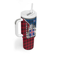 Iceland Crest Tumbler With Handle with Viking Dragon and Icelandic Flag Plaid Pattern - Wonder Print Shop