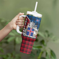 Iceland Crest Tumbler With Handle with Viking Dragon and Icelandic Flag Plaid Pattern - Wonder Print Shop