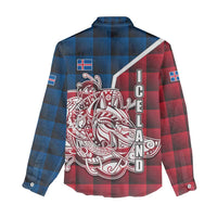 Iceland Crest Women Casual Shirt with Viking Dragon and Icelandic Flag Plaid Pattern - Wonder Print Shop