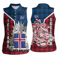 Iceland Crest Women Sleeveless Polo Shirt with Viking Dragon and Icelandic Flag Plaid Pattern - Wonder Print Shop