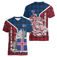 Iceland Crest Women V-Neck T-Shirt with Viking Dragon and Icelandic Flag Plaid Pattern - Wonder Print Shop