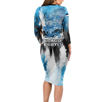 Estonia Elagu Eesti Lions Long Sleeve Bodycon Dress Watercolor Splash Flag Heraldic