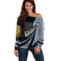Estonia June 4 1884 Eesti Lipp Off Shoulder Sweater Ethnic Traditional Folk Art Flag