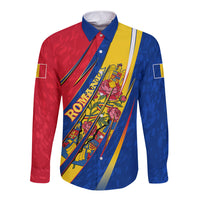 Romania Flag Day Long Sleeve Button Shirt Libertate Ziua Drapelului - Eagle Patriotic Tricolor Floral