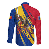 Romania Flag Day Long Sleeve Button Shirt Libertate Ziua Drapelului - Eagle Patriotic Tricolor Floral