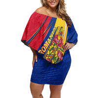 Romania Flag Day Off Shoulder Short Dress Libertate Ziua Drapelului - Eagle Patriotic Tricolor Floral