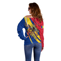 Romania Flag Day Off Shoulder Sweater Libertate Ziua Drapelului - Eagle Patriotic Tricolor Floral