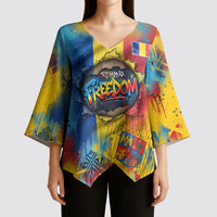 Romania Freedom Kimono Sleeve Blouse Flag Day June 26 - Raised Fist - Graffiti Style