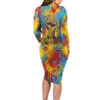 Romania Freedom Long Sleeve Bodycon Dress Flag Day June 26 - Raised Fist - Graffiti Style