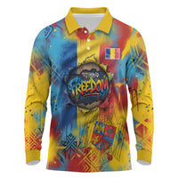 Romania Freedom Long Sleeve Polo Shirt Flag Day June 26 - Raised Fist - Graffiti Style
