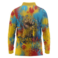 Romania Freedom Long Sleeve Polo Shirt Flag Day June 26 - Raised Fist - Graffiti Style