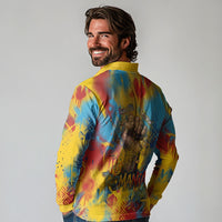 Romania Freedom Long Sleeve Polo Shirt Flag Day June 26 - Raised Fist - Graffiti Style