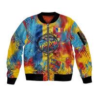 Romania Freedom Sleeve Zip Bomber Jacket Flag Day June 26 - Raised Fist - Graffiti Style