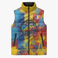 Romania Freedom Sleeveless Puffer Jacket Flag Day June 26 - Raised Fist - Graffiti Style