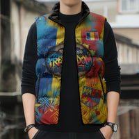 Romania Freedom Sleeveless Puffer Jacket Flag Day June 26 - Raised Fist - Graffiti Style