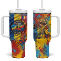 Romania Freedom Tumbler With Handle Flag Day June 26 - Raised Fist - Graffiti Style