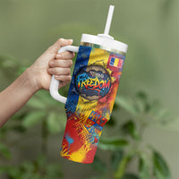 Romania Freedom Tumbler With Handle Flag Day June 26 - Raised Fist - Graffiti Style
